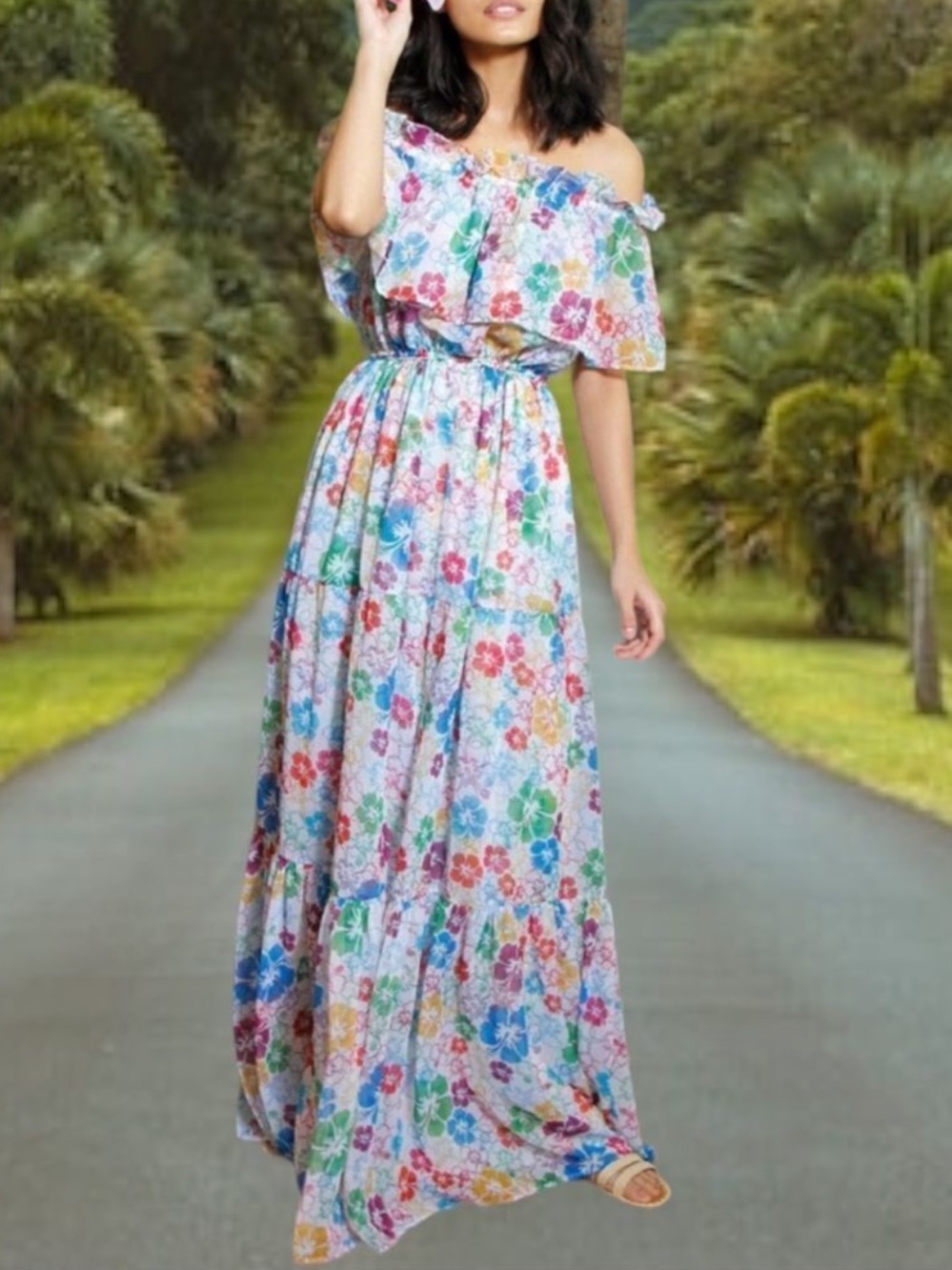 ALL THINGS MOCHI Kona Floral Bardot Chiffon Maxi Dress M